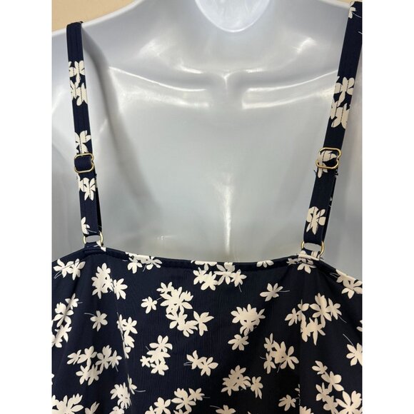 Lands' End Navy White Floral Tankini Swim Top Layered Front Adj Strap Sz M 10-12 - Picture 5 of 7